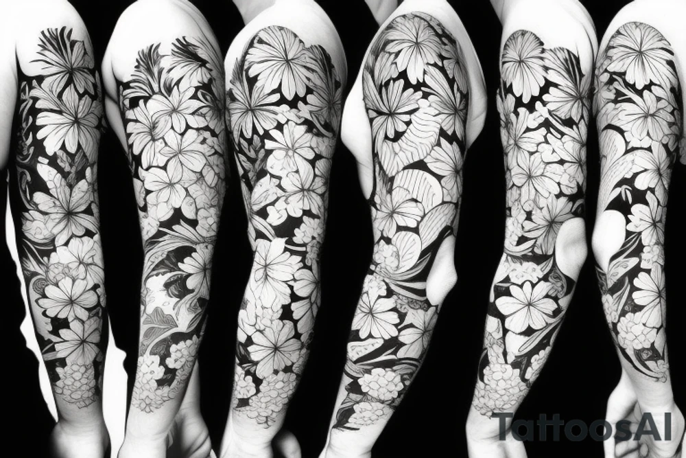 black background half sleeve with tropical flowers tattoo idea black background half sleeve with tropical flowers tattoo idea