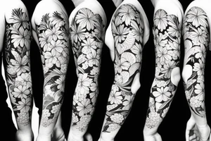 black background half sleeve with tropical flowers tattoo idea