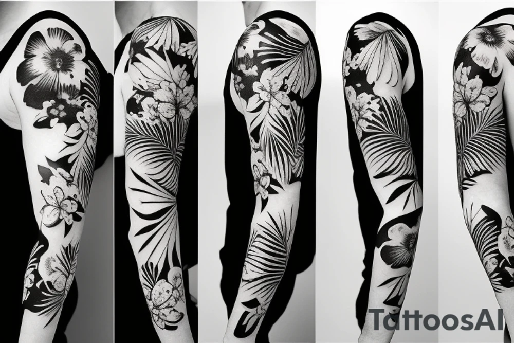 black background half sleeve with tropical flowers tattoo idea black background half sleeve with tropical flowers tattoo idea