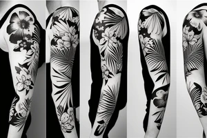 black background half sleeve with tropical flowers tattoo idea