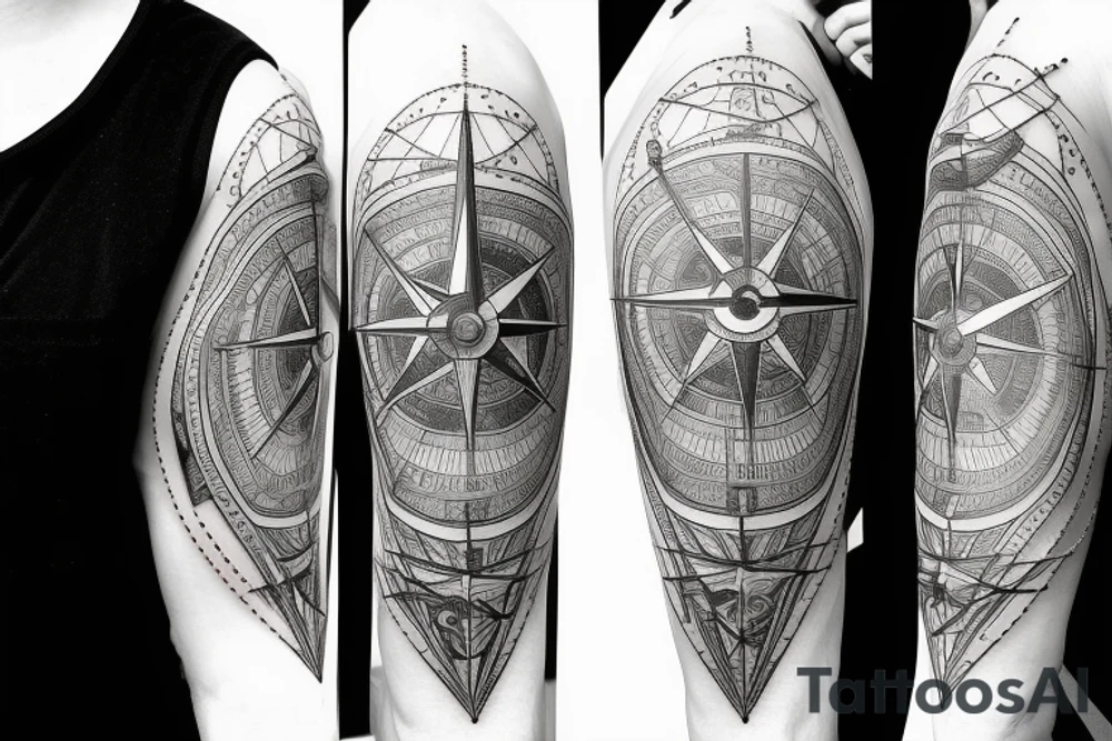A compass and a clock from shoulder to half form arm tattoo idea
