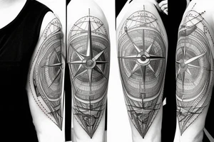 A compass and a clock from shoulder to half form arm tattoo idea