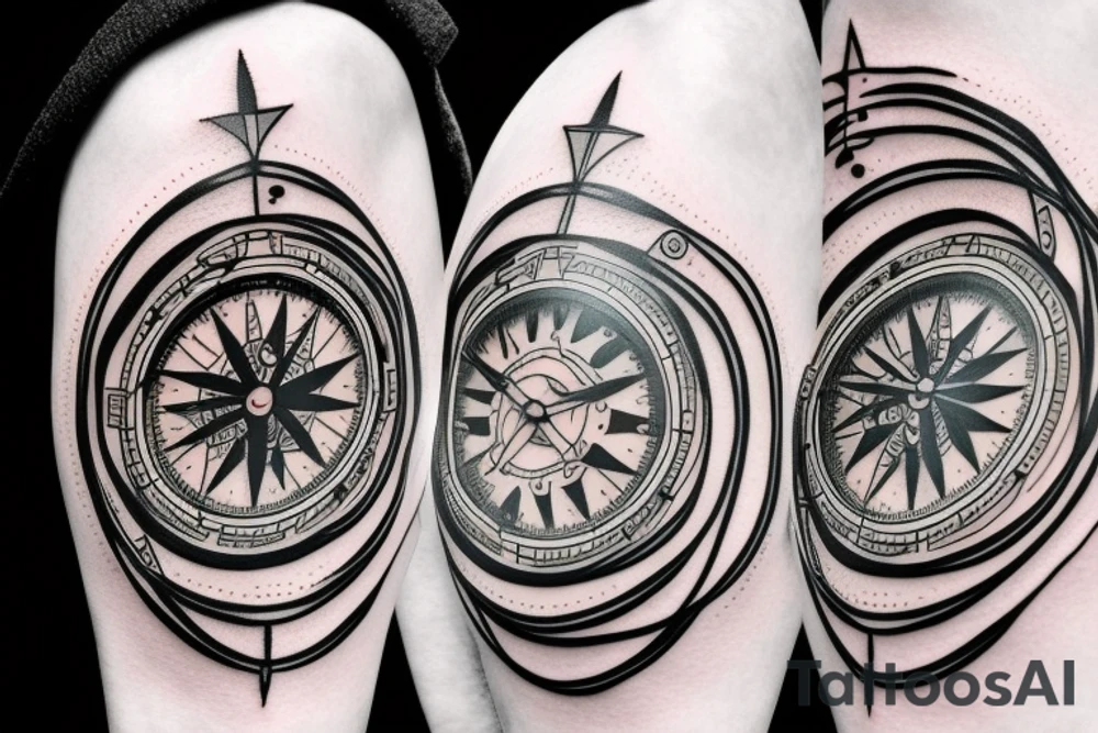 A compass and a clock from shoulder to half form arm tattoo idea