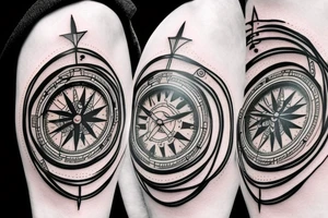 A compass and a clock from shoulder to half form arm tattoo idea