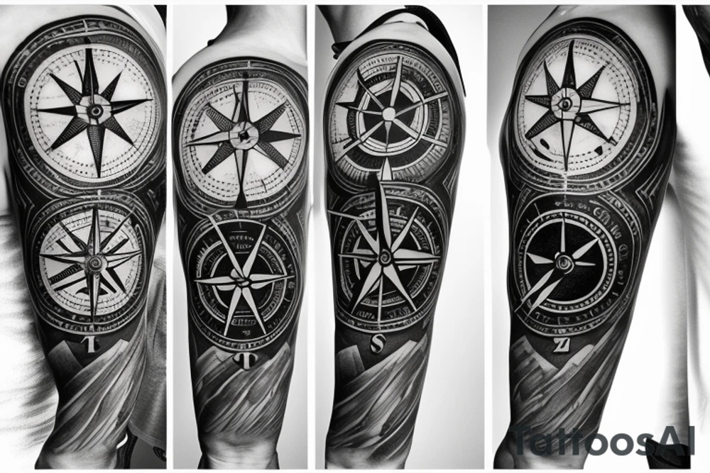 A compass plus a clock from shoulder to half form arm tattoo idea A compass plus a clock from shoulder to half form arm tattoo idea