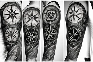 A compass plus a clock from shoulder to half form arm tattoo idea