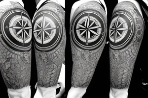A compass plus a clock from shoulder to half form arm tattoo idea