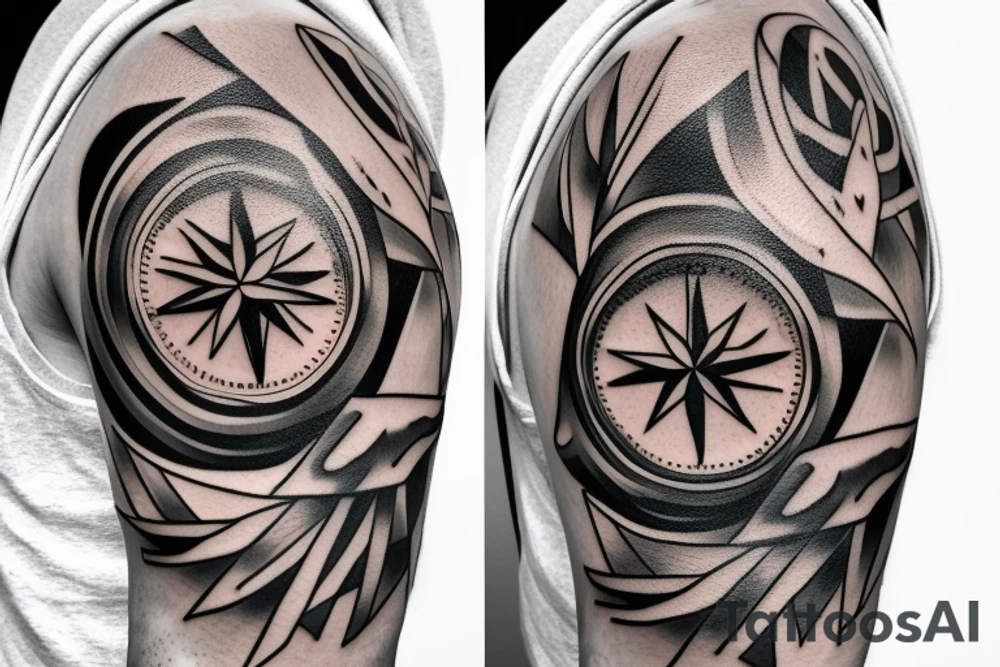 A compass plus a clock from shoulder to half form arm. The clock is haf destroyed tattoo idea A compass plus a clock from shoulder to half form arm. The clock is haf destroyed tattoo idea