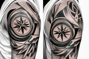 A compass plus a clock from shoulder to half form arm. The clock is haf destroyed tattoo idea