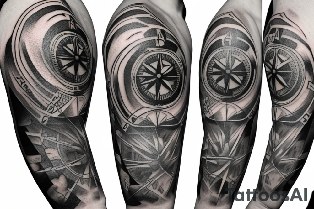 A compass plus a clock from shoulder to half form arm. The clock is haf destroyed tattoo idea A compass plus a clock from shoulder to half form arm. The clock is haf destroyed tattoo idea