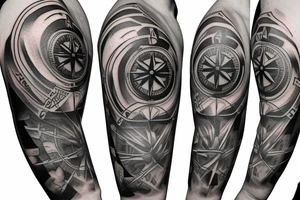 A compass plus a clock from shoulder to half form arm. The clock is haf destroyed tattoo idea