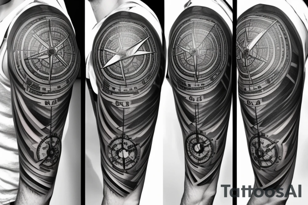 A compass plus a clock from shoulder to half form arm. The clock is haf destroyed tattoo idea