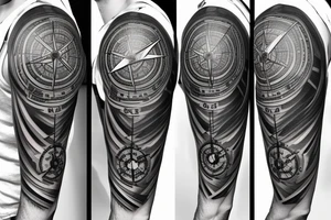A compass plus a clock from shoulder to half form arm. The clock is haf destroyed tattoo idea