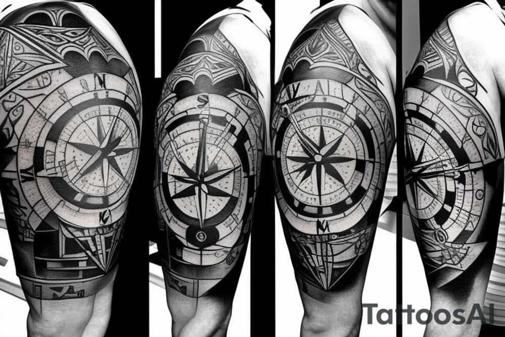 A compass plus a clock from shoulder to half form arm. The clock is haf destroyed tattoo idea