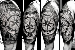 A compass plus a clock from shoulder to half form arm. The clock is haf destroyed tattoo idea