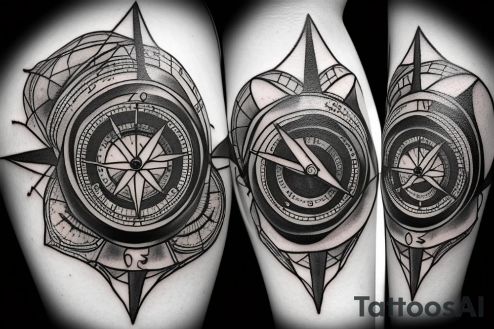 A compass plus a clock from shoulder to half form arm. The clock is haf destroyed tattoo idea A compass plus a clock from shoulder to half form arm. The clock is haf destroyed tattoo idea