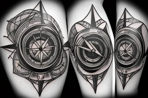 A compass plus a clock from shoulder to half form arm.  The clock is haf destroyed tattoo idea