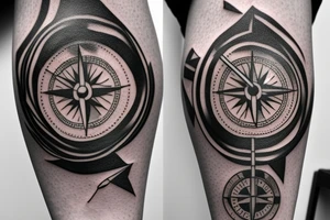 A compass plus a clock from shoulder to half form arm.  The clock is haf destroyed tattoo idea