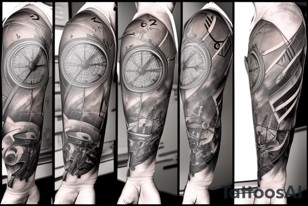 A compass plus a clock from shoulder to half form arm. The clock is haf destroyed tattoo idea A compass plus a clock from shoulder to half form arm. The clock is haf destroyed tattoo idea