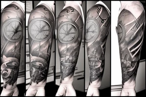 A compass plus a clock from shoulder to half form arm.  The clock is haf destroyed tattoo idea