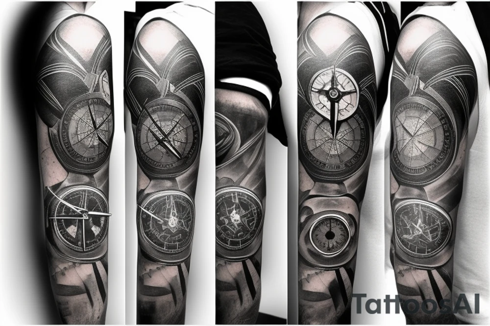 A compass plus a clock from shoulder to half form arm. The clock is haf destroyed tattoo idea A compass plus a clock from shoulder to half form arm. The clock is haf destroyed tattoo idea