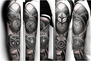A compass plus a clock from shoulder to half form arm.  The clock is haf destroyed tattoo idea