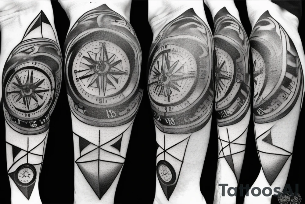 A compass plus a clock from shoulder to half form arm.  The clock is haf destroyed tattoo idea