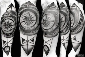 A compass plus a clock from shoulder to half form arm.  The clock is haf destroyed tattoo idea