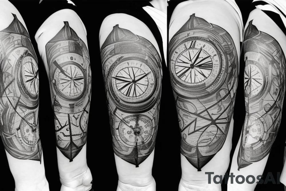 A compass plus a clock from shoulder to half form arm.  The clock is haf destroyed tattoo idea