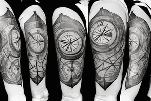 A compass plus a clock from shoulder to half form arm.  The clock is haf destroyed tattoo idea