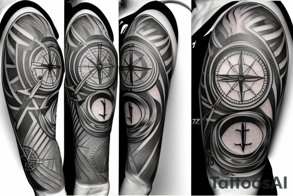A compass plus a clock from shoulder to half form arm.  The clock is haf destroyed tattoo idea