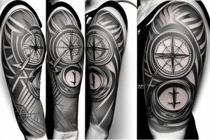 A compass plus a clock from shoulder to half form arm.  The clock is haf destroyed tattoo idea