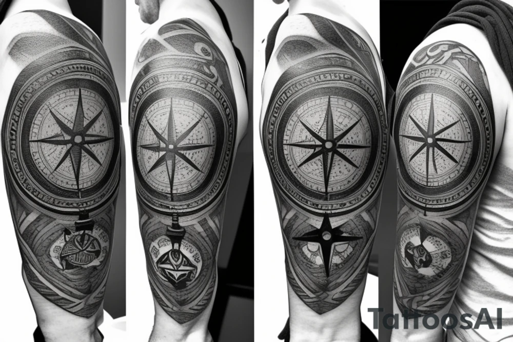 A compass plus a clock from shoulder to half form arm.  The clock is haf destroyed tattoo idea