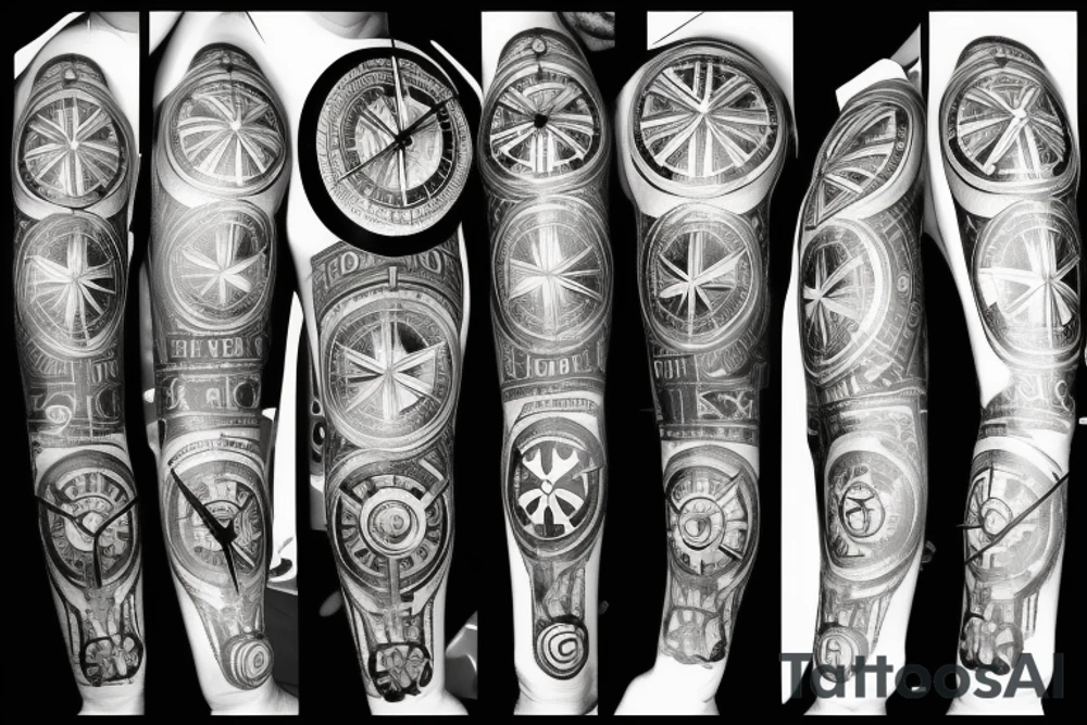 A compass plus a clock from shoulder to half form arm. The clock is haf destroyed tattoo idea A compass plus a clock from shoulder to half form arm. The clock is haf destroyed tattoo idea