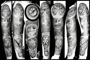 A compass plus a clock from shoulder to half form arm.  The clock is haf destroyed tattoo idea