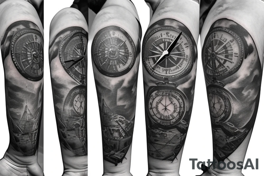 A compass plus a clock from shoulder to half form arm.  The clock is haf destroyed tattoo idea