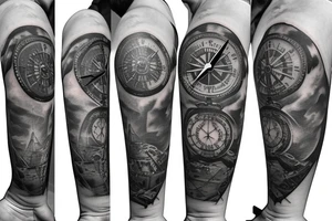 A compass plus a clock from shoulder to half form arm.  The clock is haf destroyed tattoo idea