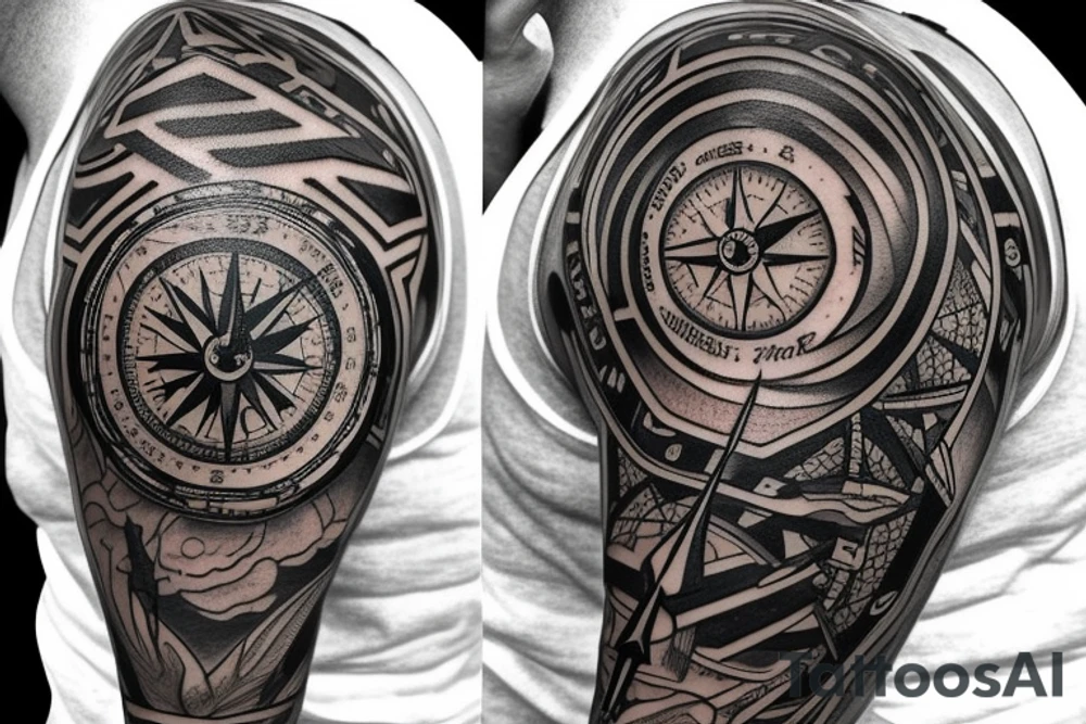 A compass plus a clock from shoulder to half form arm.  The clock is haf destroyed tattoo idea