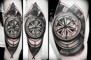 A compass plus a clock from shoulder to half form arm.  The clock is haf destroyed. and the compass is an sketch tattoo idea