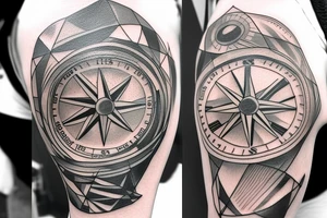 A compass plus a clock from shoulder to half form arm.  The clock is haf destroyed. and the compass is an sketch tattoo idea