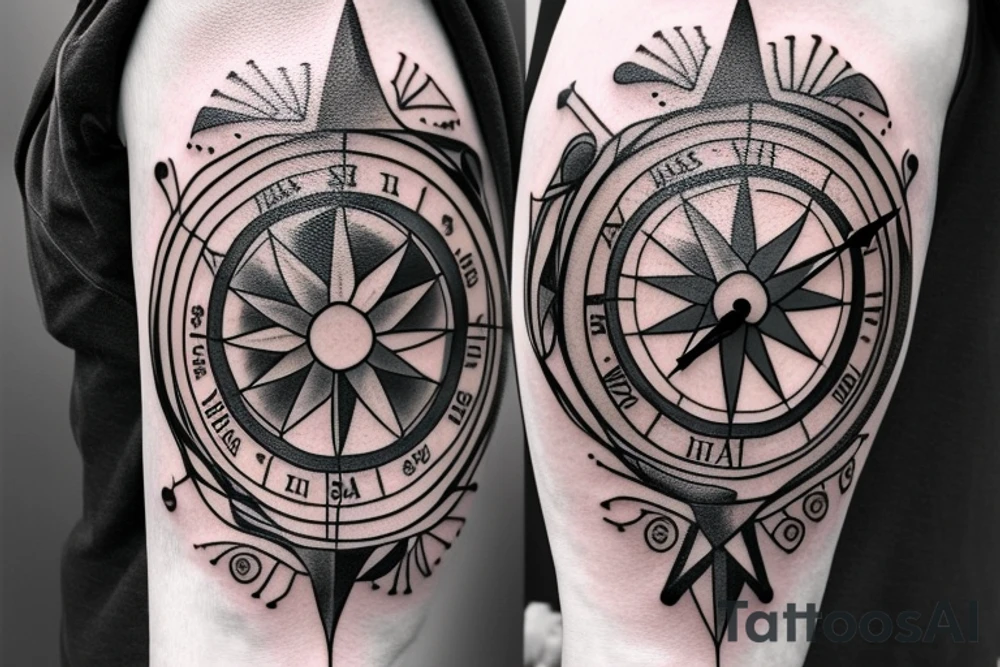 A compass plus a clock from shoulder to half form arm. tattoo idea A compass plus a clock from shoulder to half form arm. tattoo idea