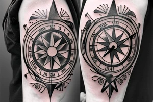 A compass plus a clock from shoulder to half form arm. tattoo idea