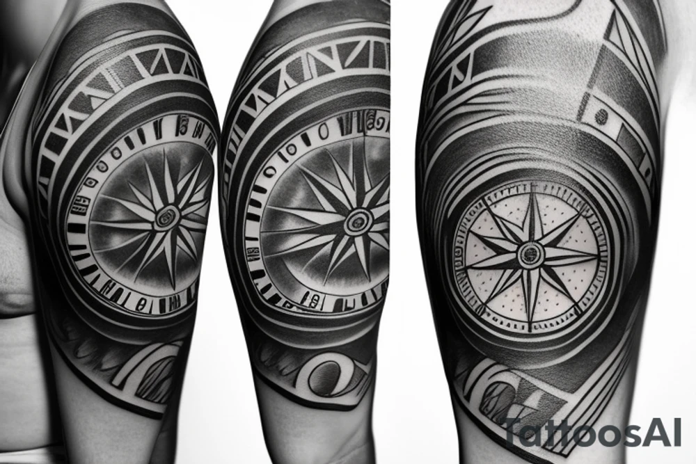 A compass plus a clock from shoulder to half form arm. tattoo idea A compass plus a clock from shoulder to half form arm. tattoo idea