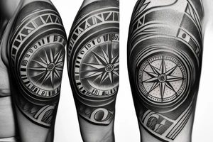 A compass plus a clock from shoulder to half form arm. tattoo idea
