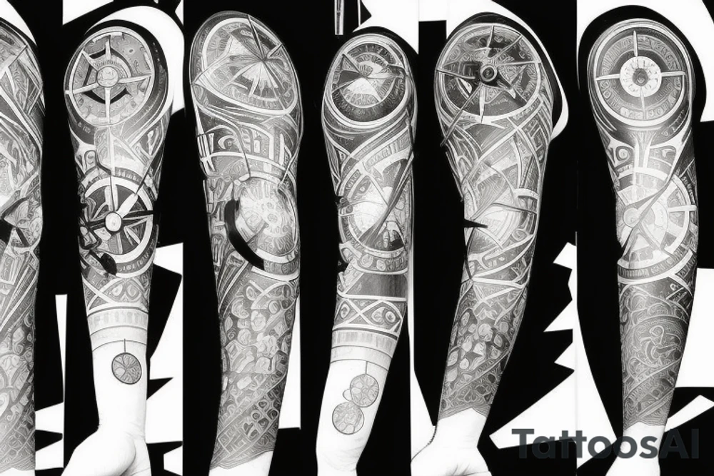 A compass plus a clock from shoulder to half form arm. give some space between the objects tattoo idea A compass plus a clock from shoulder to half form arm. give some space between the objects tattoo idea