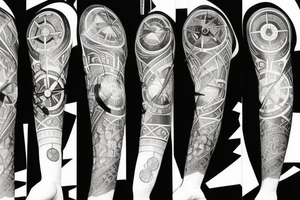 A compass plus a clock from shoulder to half form arm. give some space between the objects tattoo idea