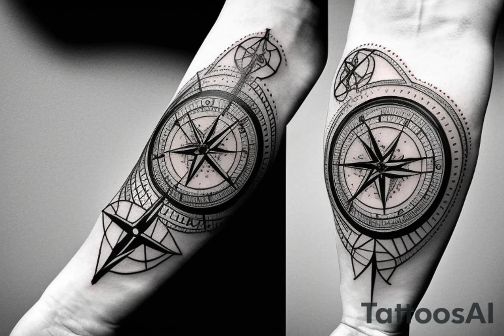 A compass plus a clock from shoulder to half form arm. give some space between the objects tattoo idea A compass plus a clock from shoulder to half form arm. give some space between the objects tattoo idea