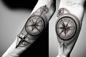 A compass plus a clock from shoulder to half form arm. give some space between the objects tattoo idea