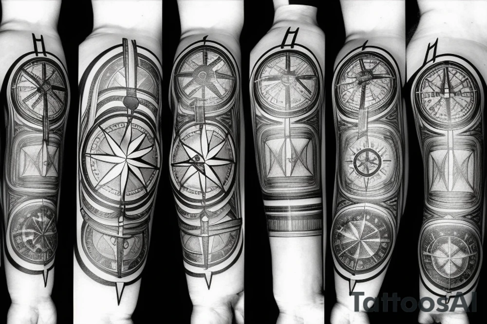 A compass plus a clock from shoulder to half form arm. Add spaces between the compass and the clock tattoo idea