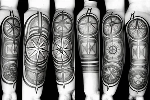 A compass plus a clock from shoulder to half form arm. Add spaces between the compass and the clock tattoo idea